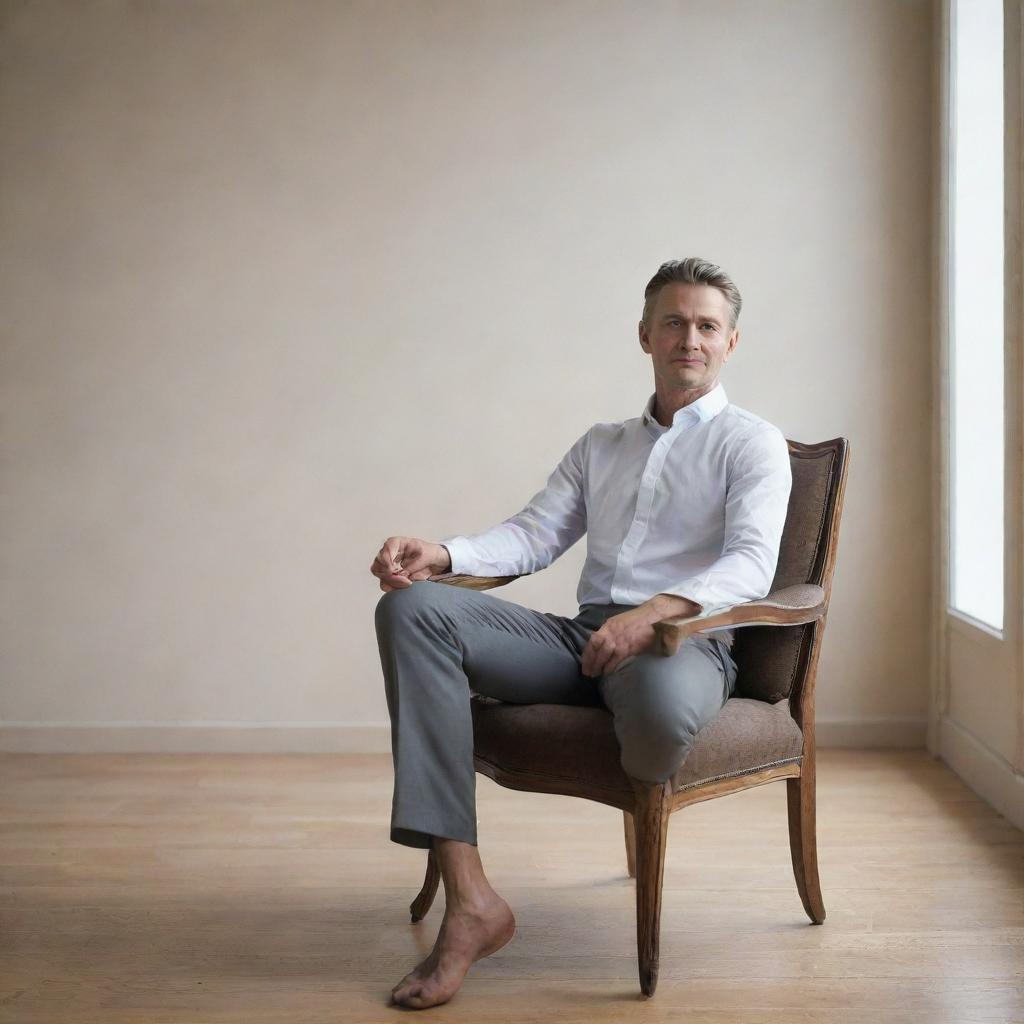 A man sitting gracefully on a chair, exuding an aura of calm and tranquility.