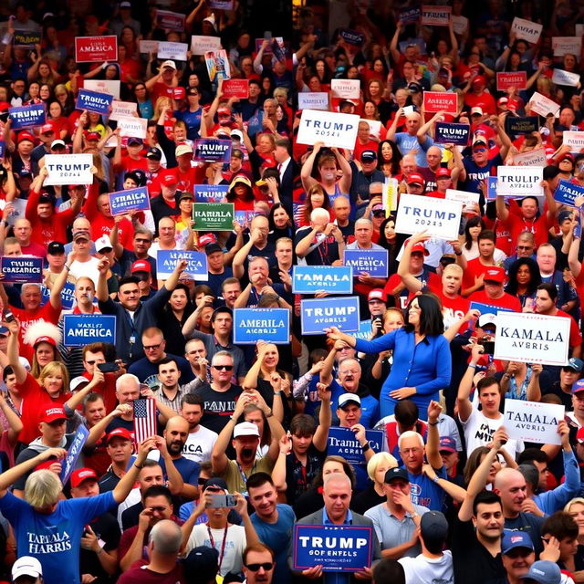 A vibrant scene depicting a huge crowd of Americans divided into two groups, each passionately supporting different political figures