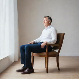 A man sitting gracefully on a chair, exuding an aura of calm and tranquility.