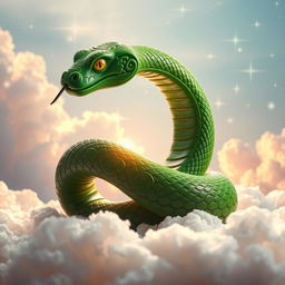 A surreal image of a vividly green wooden snake set against a dreamlike backdrop