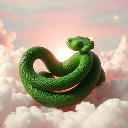 A surreal image of a vividly green wooden snake set against a dreamlike backdrop