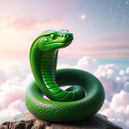 A surreal image of a vividly green wooden snake set against a dreamlike backdrop