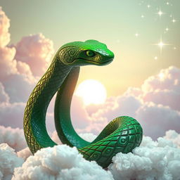 A surreal image of a vividly green wooden snake set against a dreamlike backdrop