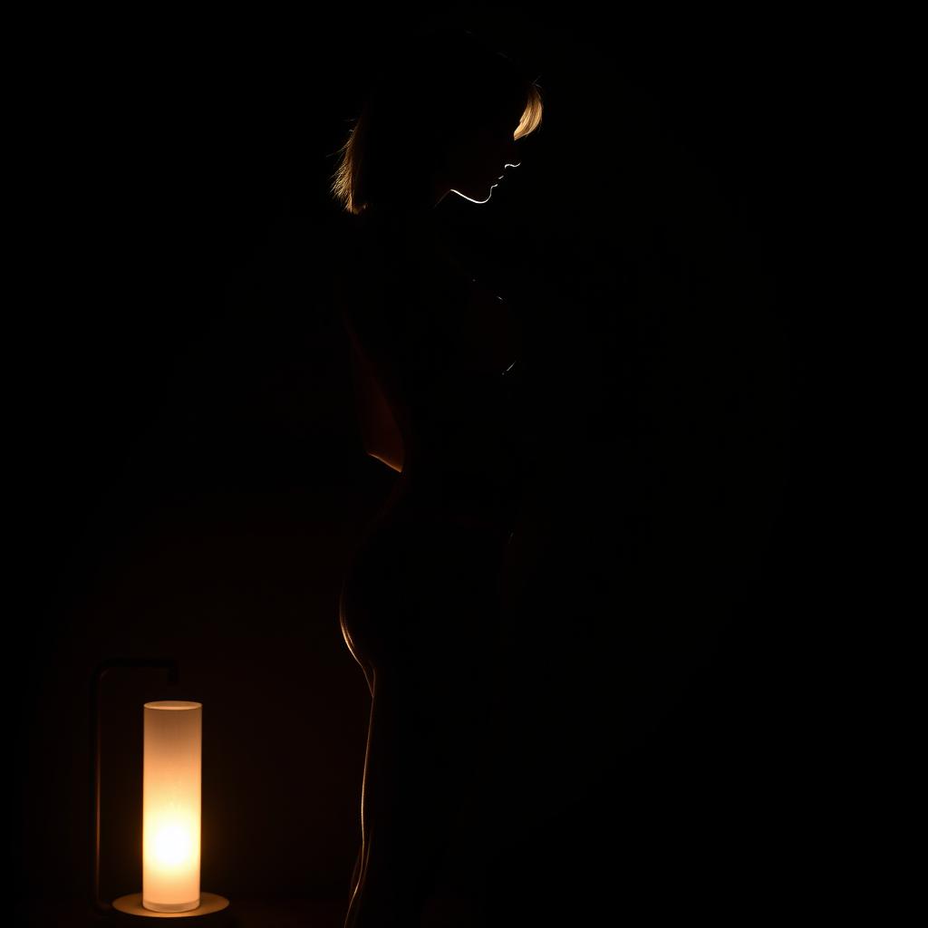 An artistic and realistic photo capturing the illuminated silhouette of a woman in a swimsuit, standing sideways, highlighted by the light from a lamp in a completely dark space