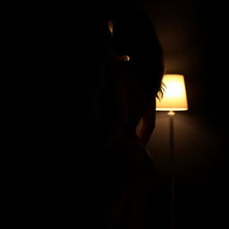 An artistic and realistic photo capturing the illuminated silhouette of a woman in a swimsuit, standing sideways, highlighted by the light from a lamp in a completely dark space