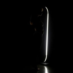 An artistic and realistic photo capturing the illuminated silhouette of a woman in a swimsuit, standing sideways, highlighted by the light from a lamp in a completely dark space