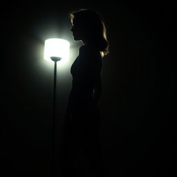 An artistic and realistic photo capturing the illuminated silhouette of a woman in a swimsuit, standing sideways, highlighted by the light from a lamp in a completely dark space