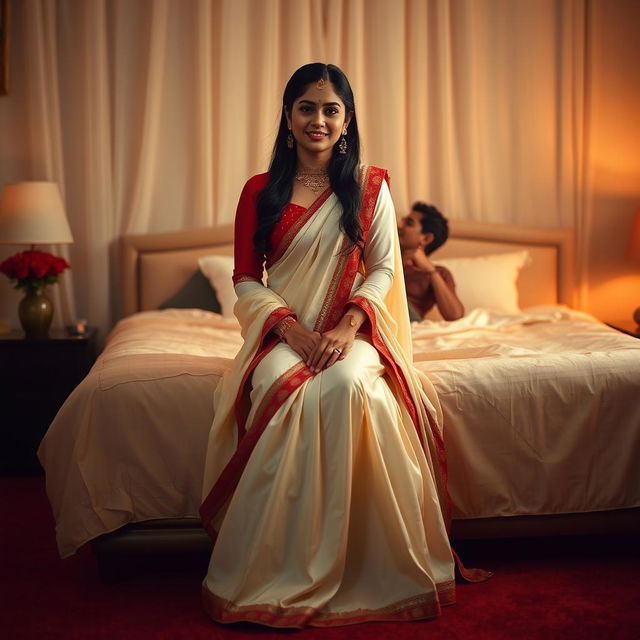 An Indonesian woman in a romantic setting, wearing a traditional cream and red chadar and mekhela with a chic red blouse and high heels