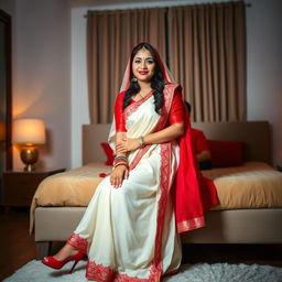 An Indonesian woman in a romantic setting, wearing a traditional cream and red chadar and mekhela with a chic red blouse and high heels