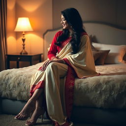 An Indonesian woman in a romantic setting, wearing a traditional cream and red chadar and mekhela with a chic red blouse and high heels