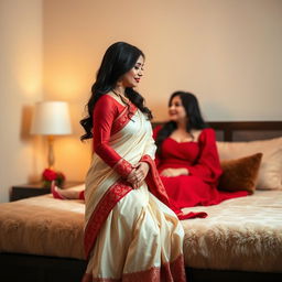 An Indonesian woman in a romantic setting, wearing a traditional cream and red chadar and mekhela with a chic red blouse and high heels