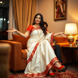 An Indonesian woman expressing elegance in a traditional cream and red chadar and mekhela with a vibrant red blouse and high heels, sitting intimately with her partner in a cozy room setting