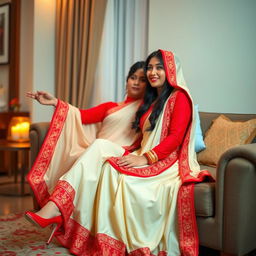 An Indonesian woman expressing elegance in a traditional cream and red chadar and mekhela with a vibrant red blouse and high heels, sitting intimately with her partner in a cozy room setting