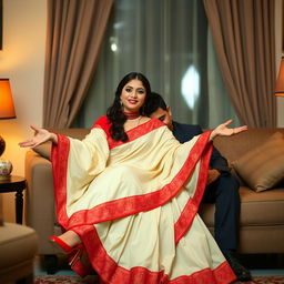 An Indonesian woman expressing elegance in a traditional cream and red chadar and mekhela with a vibrant red blouse and high heels, sitting intimately with her partner in a cozy room setting