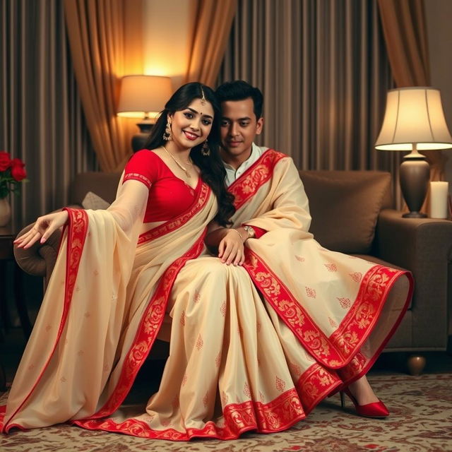 An Indonesian woman expressing elegance in a traditional cream and red chadar and mekhela with a vibrant red blouse and high heels, sitting intimately with her partner in a cozy room setting