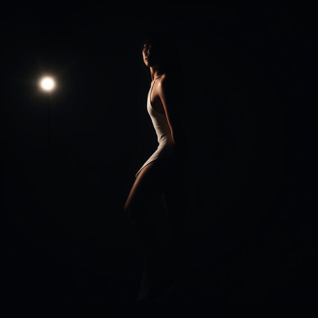 An artistic and realistic photo capturing the illuminated silhouette of a woman in a swimsuit, standing sideways in a completely dark space