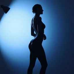 An artistic and realistic photo capturing the illuminated silhouette of a woman in a swimsuit, standing sideways in a completely dark space