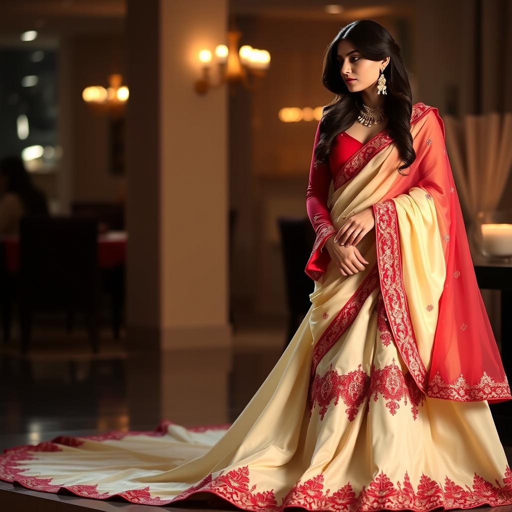 A sophisticated scene featuring a woman in a stylish cream and red chadar and mekhela, complemented by an elegant red blouse and high heels, in a romantic setting