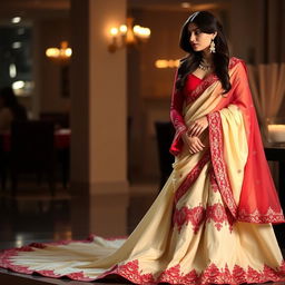 A sophisticated scene featuring a woman in a stylish cream and red chadar and mekhela, complemented by an elegant red blouse and high heels, in a romantic setting