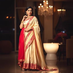 A sophisticated scene featuring a woman in a stylish cream and red chadar and mekhela, complemented by an elegant red blouse and high heels, in a romantic setting