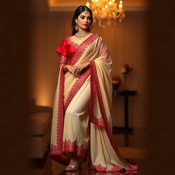 A sophisticated scene featuring a woman in a stylish cream and red chadar and mekhela, complemented by an elegant red blouse and high heels, in a romantic setting