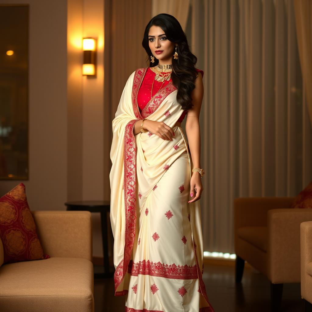 A sophisticated scene featuring a woman in a stylish cream and red chadar and mekhela, complemented by an elegant red blouse and high heels, in a romantic setting