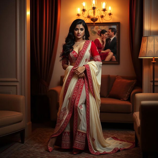 A sensual scene featuring a confident woman in a chic cream and red chadar and mekhela, paired with an elegant red blouse and high heels in a stylish room