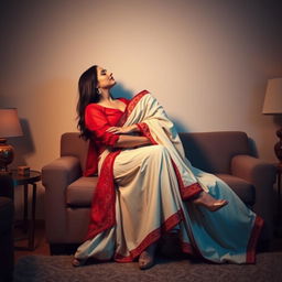 A sensual scene featuring a confident woman in a chic cream and red chadar and mekhela, paired with an elegant red blouse and high heels in a stylish room