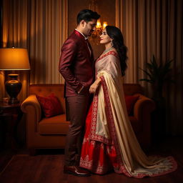 A sensual scene featuring a confident woman in a chic cream and red chadar and mekhela, paired with an elegant red blouse and high heels in a stylish room