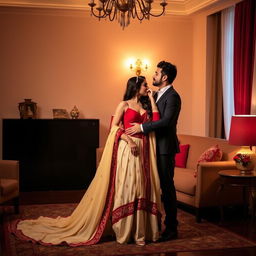 A sensual scene featuring a confident woman in a chic cream and red chadar and mekhela, paired with an elegant red blouse and high heels in a stylish room