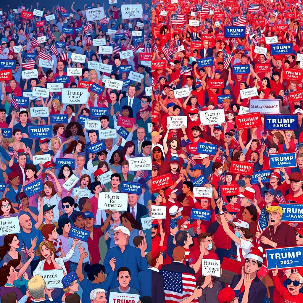 An animated scene depicting a massive crowd of Americans waving vibrant signs and banners, including numerous American flags