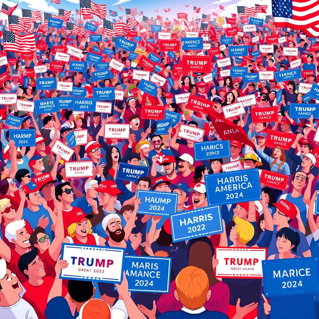 An animated scene depicting a massive crowd of Americans waving vibrant signs and banners, including numerous American flags