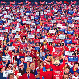 An animated scene depicting a massive crowd of Americans waving vibrant signs and banners, including numerous American flags