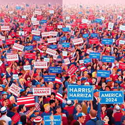 An animated scene depicting a massive crowd of Americans waving vibrant signs and banners, including numerous American flags