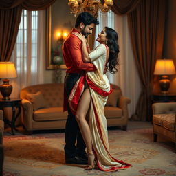 A seductive scene featuring a confident woman in a provocative cream and red chadar and mekhela, combined with a revealing red blouse and high heels, engaging in an intimate moment with her partner in a softly lit, luxurious room