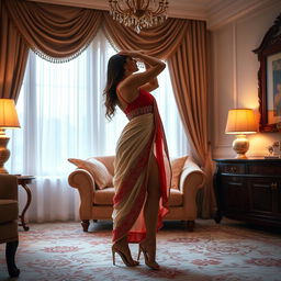 A seductive scene featuring a confident woman in a provocative cream and red chadar and mekhela, combined with a revealing red blouse and high heels, engaging in an intimate moment with her partner in a softly lit, luxurious room