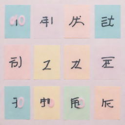 Japanese onomatopoeia reaction in soft pastel colors. It should be dynamic, layered and possibly incorporate symbols or letters relevant to japanese language.