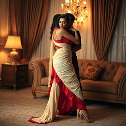 A seductive scene featuring a confident woman in a provocative cream and red chadar and mekhela, combined with a revealing red blouse and high heels, engaging in an intimate moment with her partner in a softly lit, luxurious room