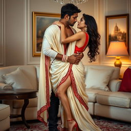 A seductive scene featuring a confident woman in a provocative cream and red chadar and mekhela, combined with a revealing red blouse and high heels, engaging in an intimate moment with her partner in a softly lit, luxurious room