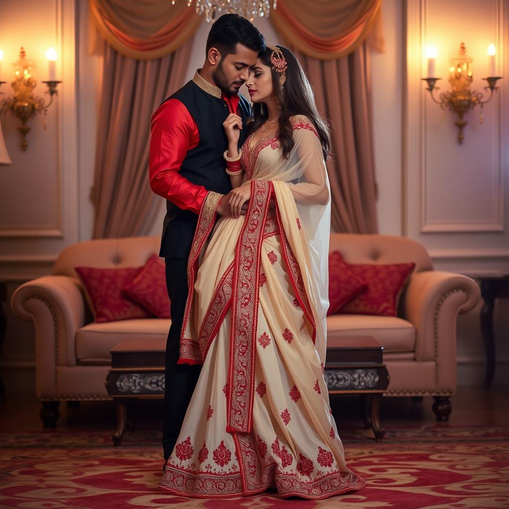 A provocative yet tasteful scene showcasing a woman in a beautiful cream and red chadar and mekhela, accentuated by an elegant red blouse and high heels