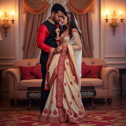 A provocative yet tasteful scene showcasing a woman in a beautiful cream and red chadar and mekhela, accentuated by an elegant red blouse and high heels