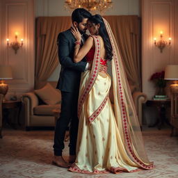 A provocative yet tasteful scene showcasing a woman in a beautiful cream and red chadar and mekhela, accentuated by an elegant red blouse and high heels