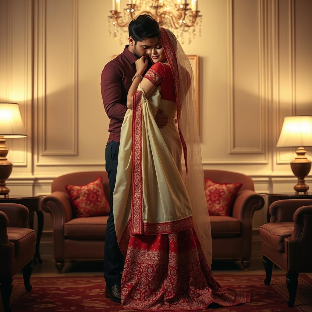 A provocative yet tasteful scene showcasing a woman in a beautiful cream and red chadar and mekhela, accentuated by an elegant red blouse and high heels