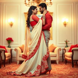 A provocative yet tasteful scene showcasing a woman in a beautiful cream and red chadar and mekhela, accentuated by an elegant red blouse and high heels