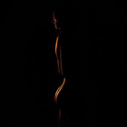 An artistic and realistic photo capturing the illuminated silhouette of a young, slender woman in a swimsuit, standing sideways in a completely dark space