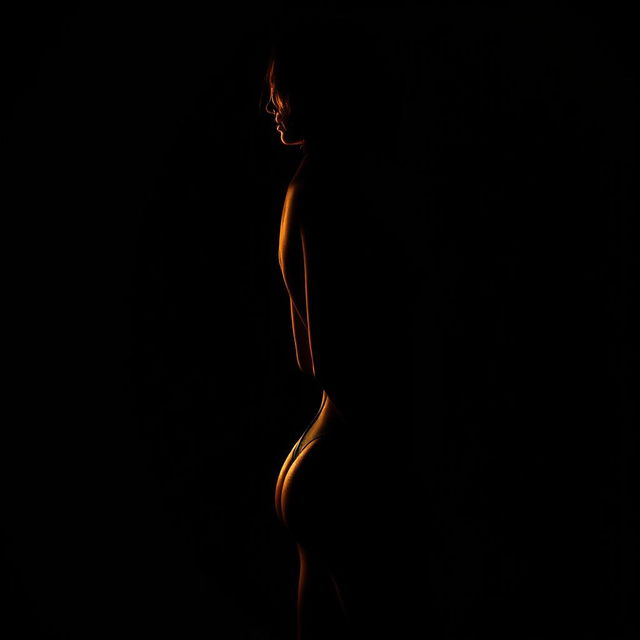 An artistic and realistic photo capturing the illuminated silhouette of a young, slender woman in a swimsuit, standing sideways in a completely dark space