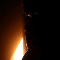 An artistic and realistic photo capturing the illuminated silhouette of a young, slender woman in a swimsuit, standing sideways in a completely dark space