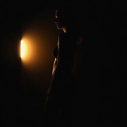 An artistic and realistic photo capturing the illuminated silhouette of a young, slender woman in a swimsuit, standing sideways in a completely dark space