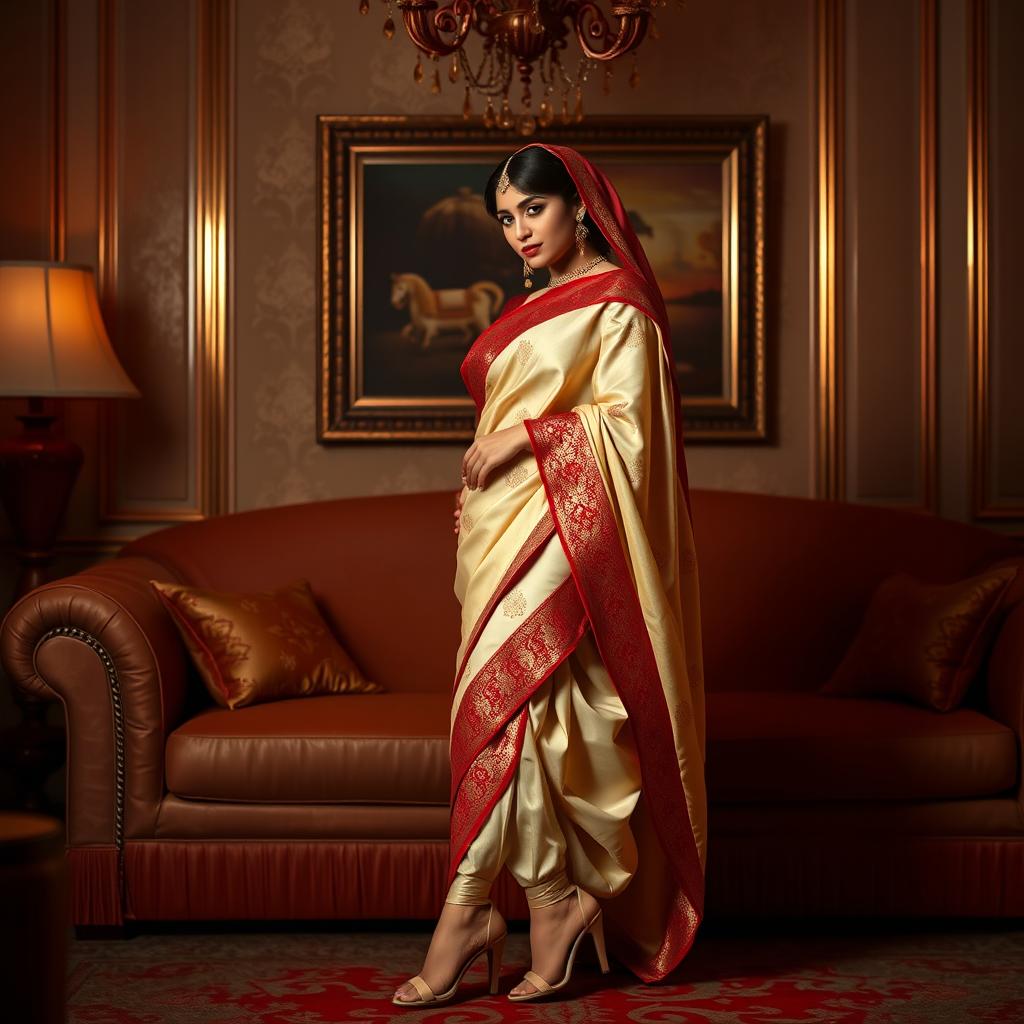 A sensual depiction of a confident woman adorned in traditional Assamese attire, featuring a cream and red color combination, elegantly captured in a luxurious room atmosphere