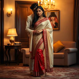 A sensual depiction of a confident woman adorned in traditional Assamese attire, featuring a cream and red color combination, elegantly captured in a luxurious room atmosphere